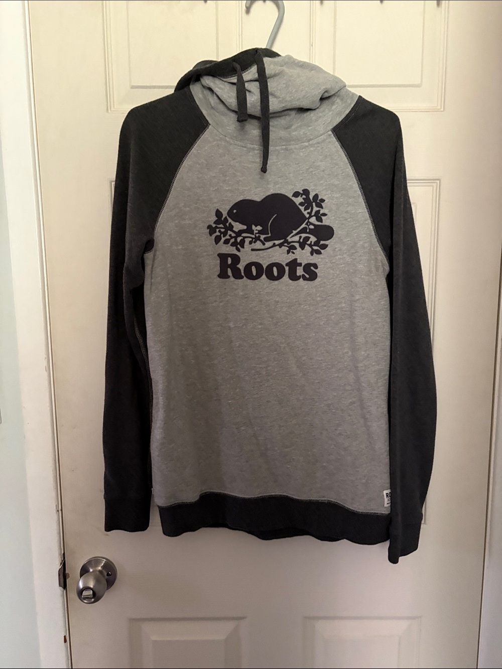 Roots Men's Light Gray and Charcoal Raglan Crewneck Hoodie